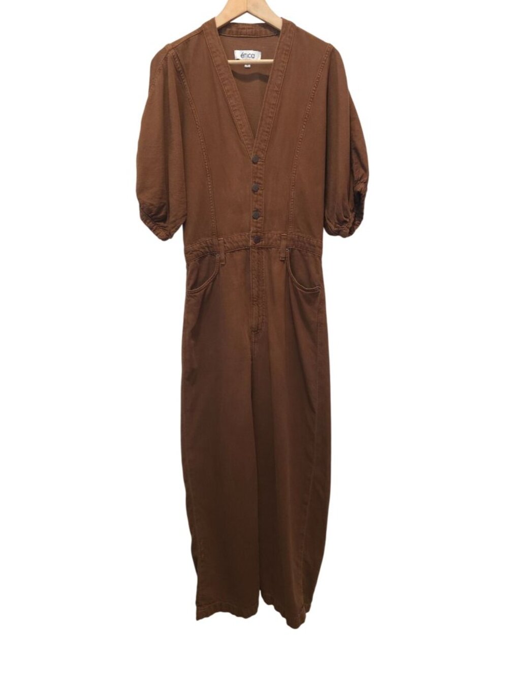 Etica Celeste Wide Leg Russet-Brown Puff Sleeve Jumpsuit Coveralls Sz S
